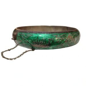 Sterling Silver Vintage Siam Green Enamel Hinged Bangle Bracelet
